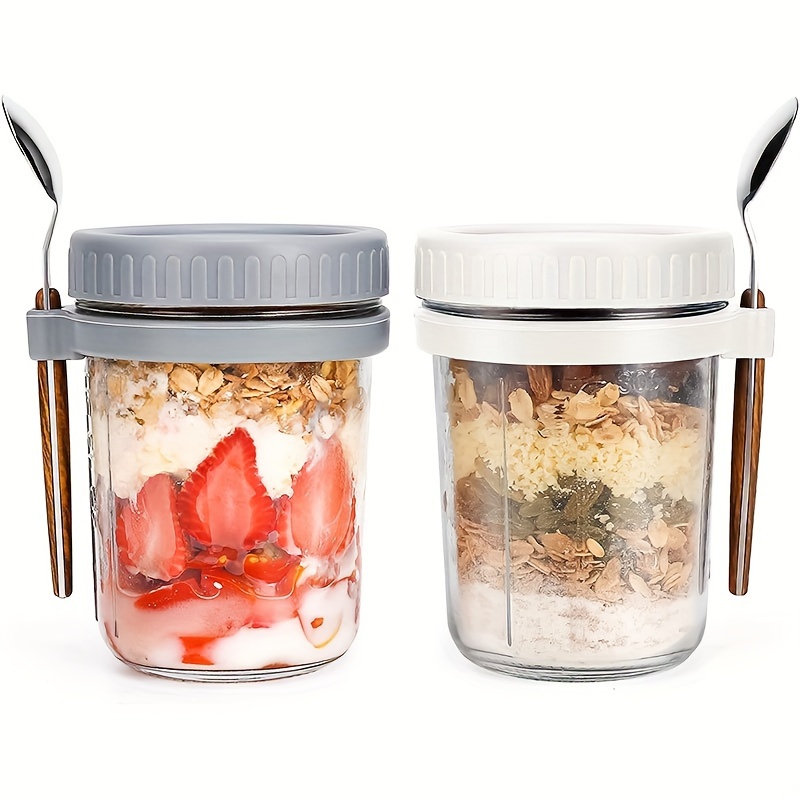 Meal Prep Oatmeal Jars - 1個/2個入り ガラス製オートミールカップ、蓋とスプーン付きオーバーナイトオーツ容器、16オンス シリアル、ミルク＆フルーツサラダ保存ジャー