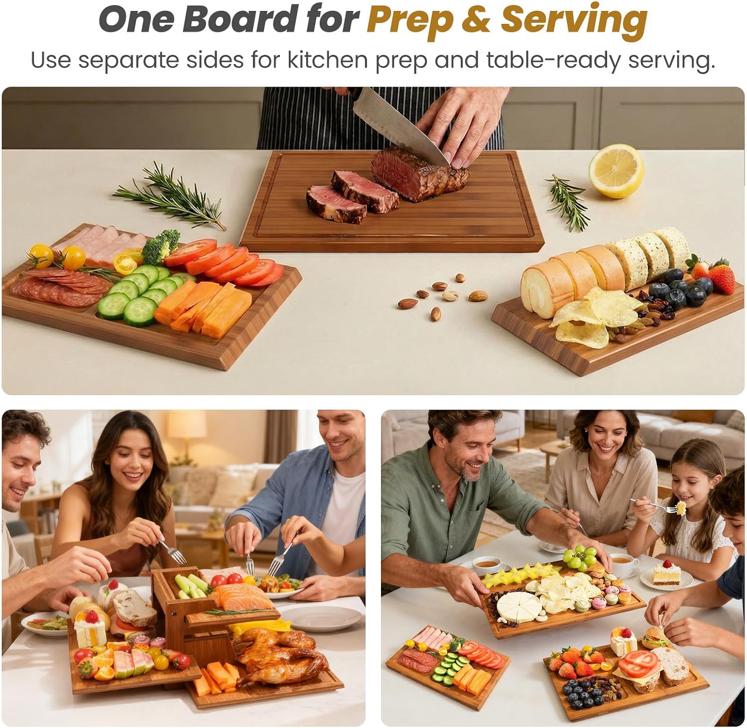 Meal Prep For Cutting - 竹製まな板セット スタンド付き、3枚の両面まな板 キッチンでの食事の準備とサービング、シャルキュトリ、ジュースグローブ用