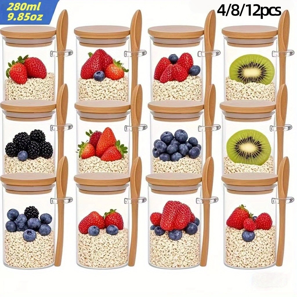 Meal Prep Oatmeal Jars - 4/8/12個入り、蓋付きオートミール朝食カップ（9.85オンス/280ml）、ミールプレップ容器、チアシード、プリン、ヨーグルトに適したガラス瓶