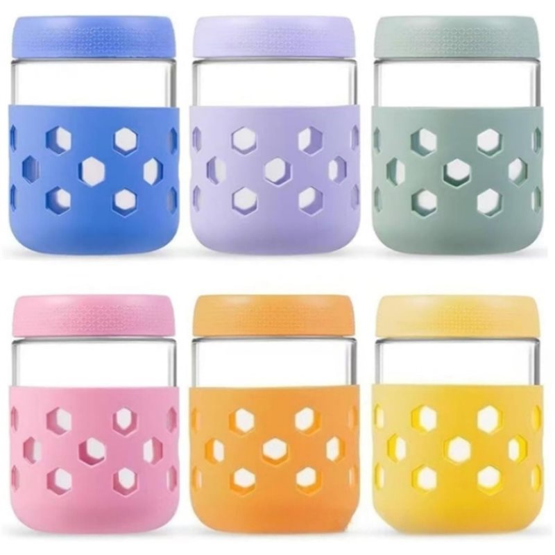 Meal Prep Oatmeal Jars - 密閉蓋付きソフトガラス瓶、広口ミールプレップジャー（1セット）、蓋とシリコンスリーブ付きオーバーナイトオートミール容器