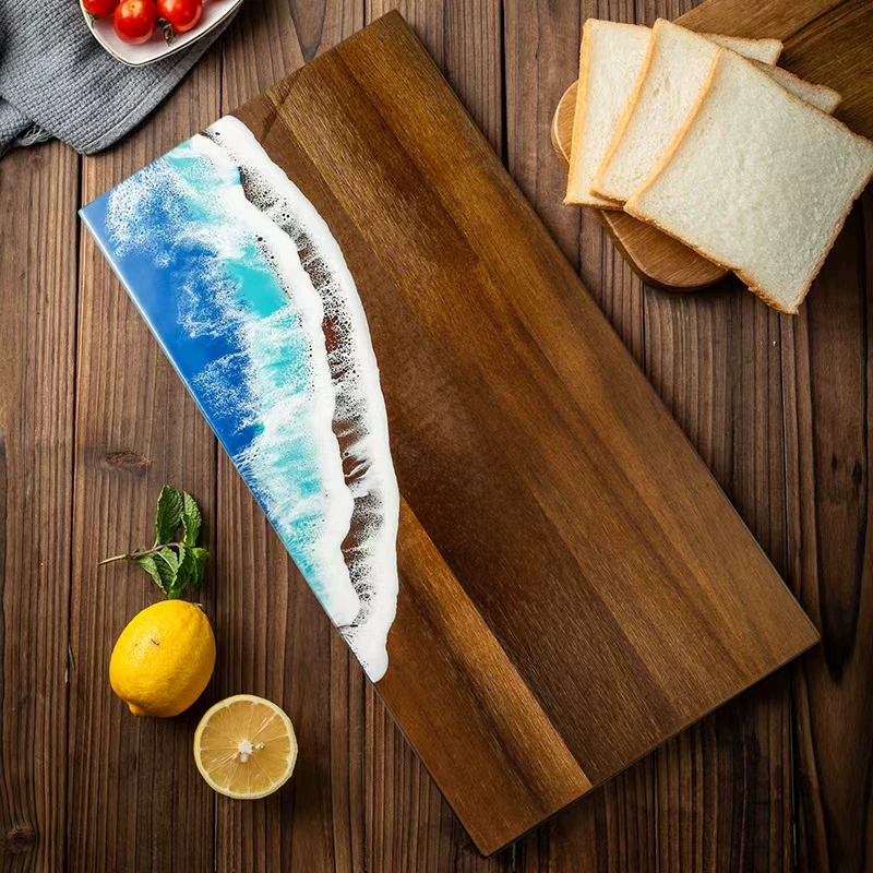 Meal Prep For Cutting - アカシア材のエポキシ樹脂を使った海の波模様のカッティングボード、キッチンでの食事の準備やシャルキュトリ、チーズボード、ハラーボードに最適