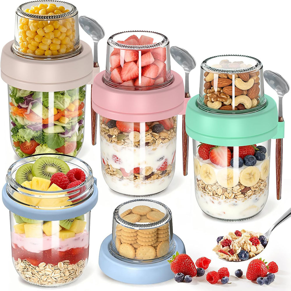 Meal Prep Oatmeal Jars - 蓋とスプーン付きのオーバーナイトオーツ容器、乾湿分離可能な二層ガラス製メイソンジャー（オートミール、サラダ、ヨーグルト用）