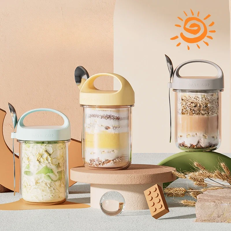 Meal Prep Oatmeal Jars - 420 ミリリットル新しい朝食カップオートミールシリアルナッツヨーグルトサラダカップ漏れ防止ガラスオート麦容器蓋スプーン食品収納ボックス