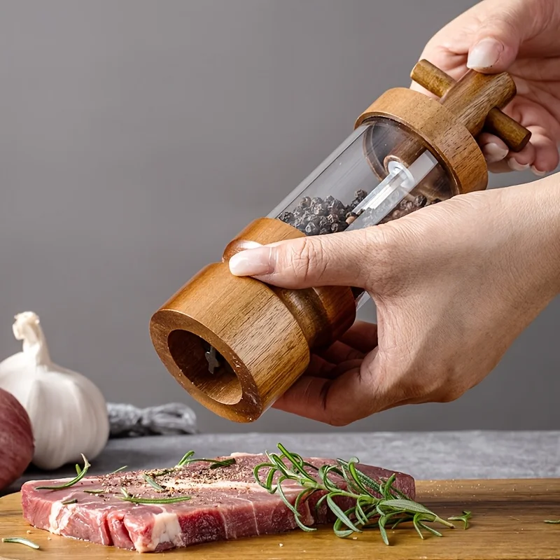 Herb Keeper Bottle - アカシア材製手動ブラックペッパーグラインダー、粗さ調整可能、透明アクリル製スパイスボトル