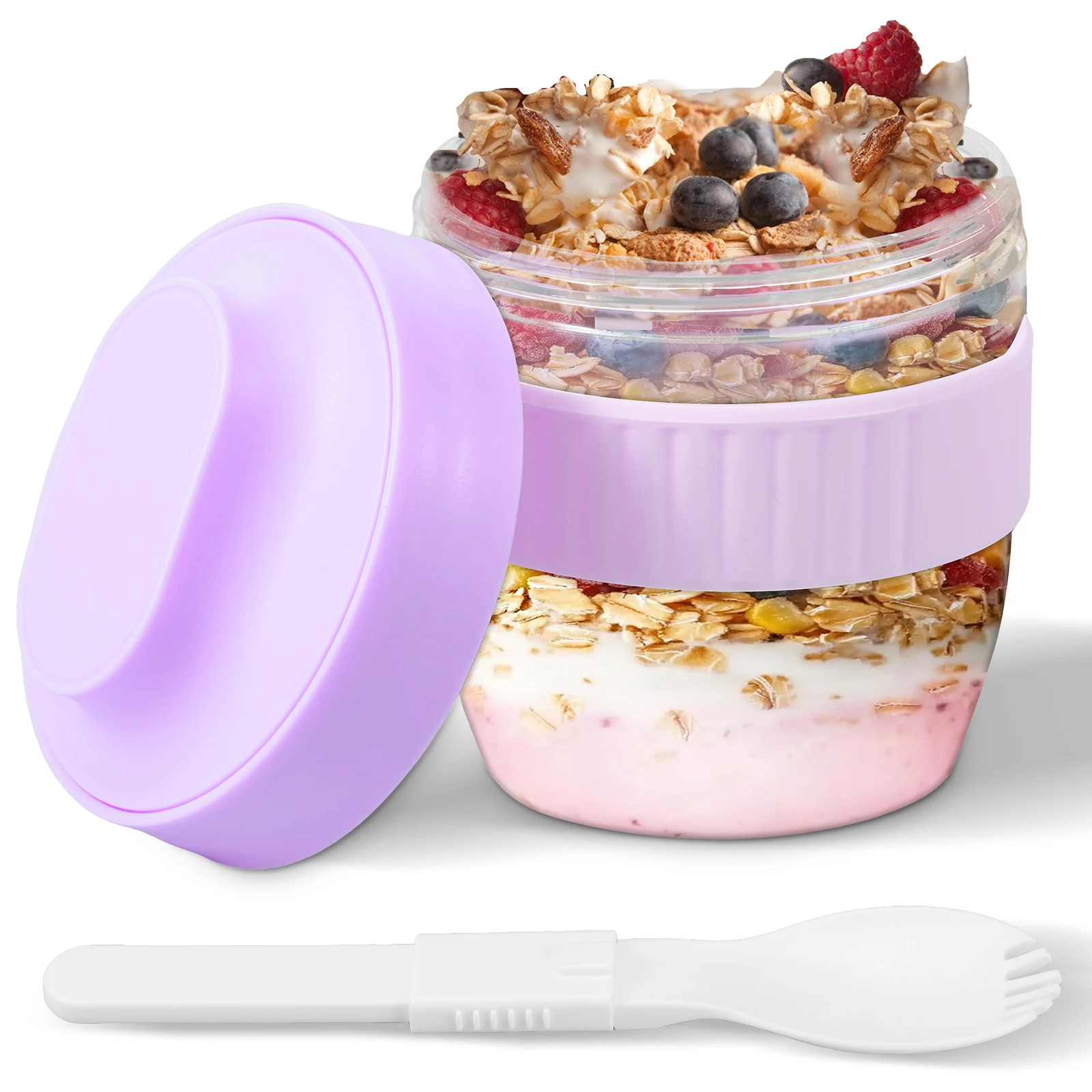 Meal Prep Oatmeal Jars - 二層構造のオーバーナイトオーツ容器、蓋とスプーン付き、再利用可能なオーバーナイトオーツジャー、漏れ防止の食事準備用ジャー、オートミール、ヨーグルト用