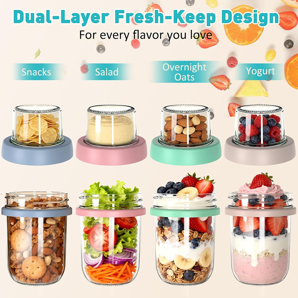 蓋とスプーン付きのオーバーナイトオーツ容器、乾湿分離可能な二 - Meal Prep Oatmeal Jars のレビューと価格