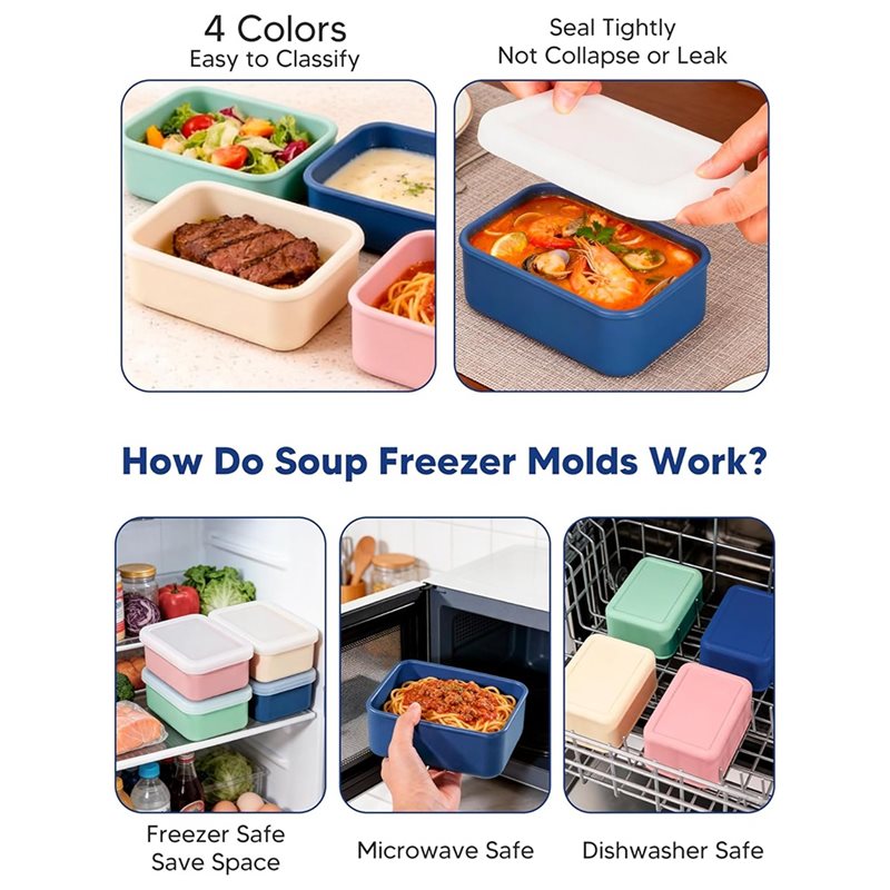 AB33-4個入りシリコン製冷凍庫用型 蓋付き スープ、ソー - Meal Prep Freezer のレビューと価格