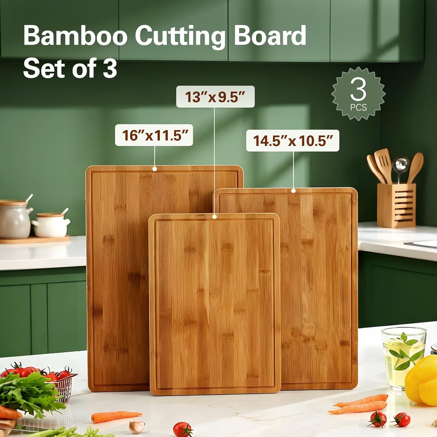 竹製まな板セット（ジュース溝とハンドル付き）、3枚組木製カッ - Meal Prep For Cutting のレビューと価格